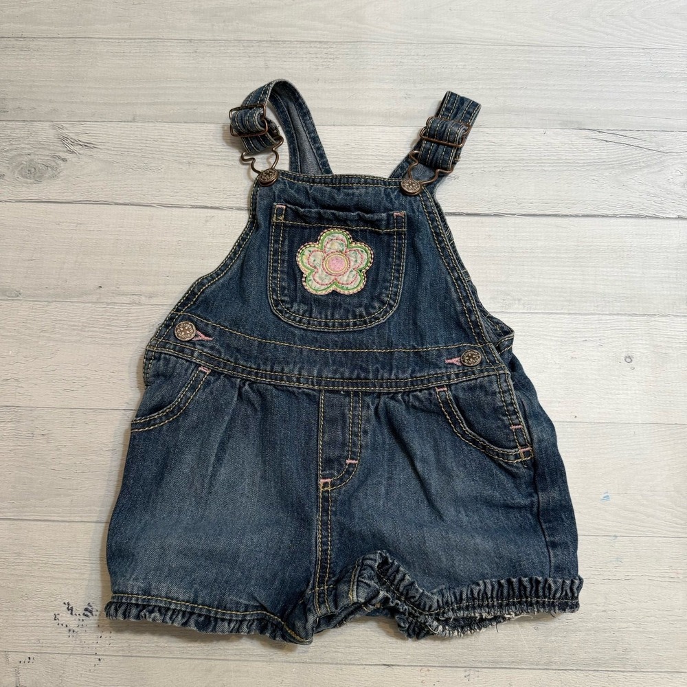OshKosh B'Gosh girls denim shortalls overalls flower appliqué size 18 months